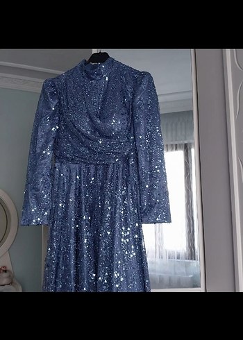 Mavi Uzun Kollu Drapeli Abiye Elbise - Görsel 2