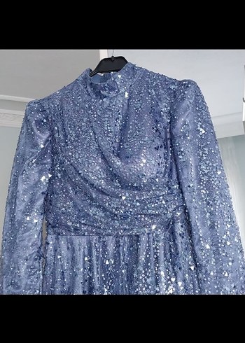 Mavi Uzun Kollu Drapeli Abiye Elbise - Görsel 3