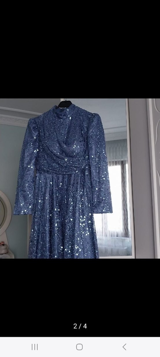 Mavi Uzun Kollu Drapeli Abiye Elbise - Görsel 2