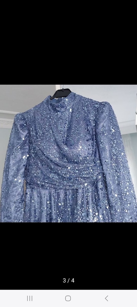 Mavi Uzun Kollu Drapeli Abiye Elbise - Görsel 3