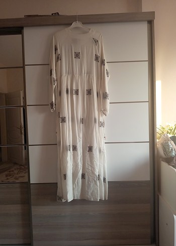 Nakışlı Bohem Uzun Kollu Beyaz Elbise - Görsel 2