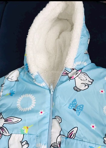 Kürklü Kapüşonlu Mavi Kız Çocuk Montu - Görsel 2
