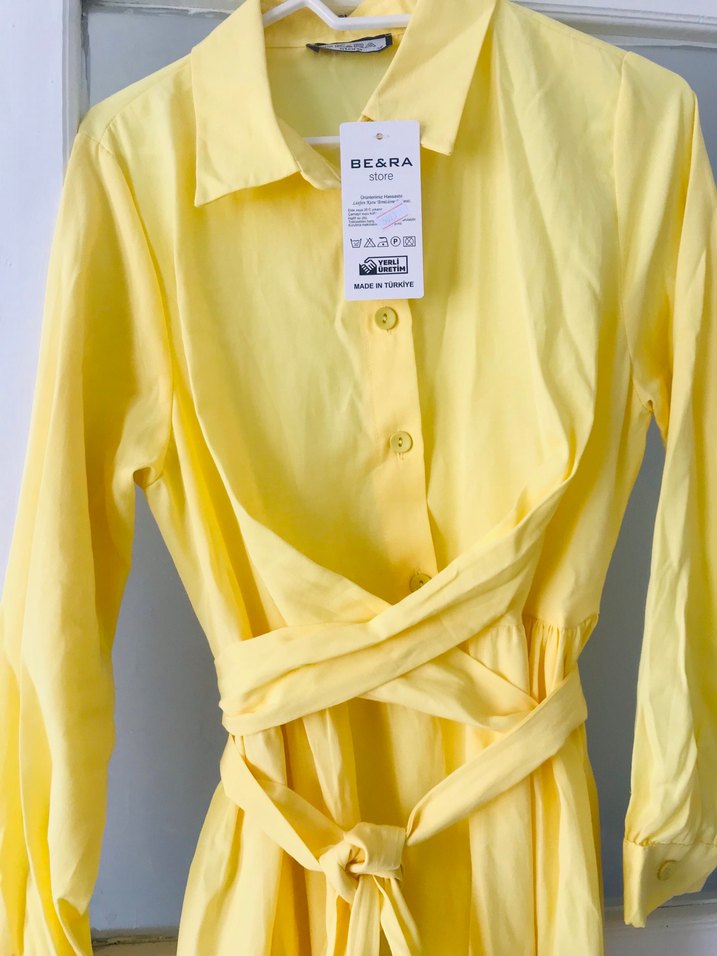 Sarı Uzun Pamuklu Cotton elbise - Görsel 4