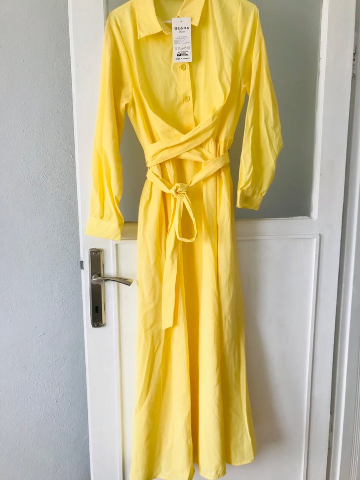 Sarı Uzun Pamuklu Cotton elbise - Görsel 5