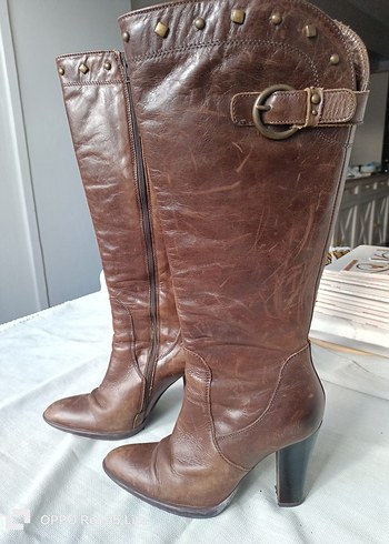 Network marka %100 gerçek deri Kahverengi Yüksek Topuklu Çizme - Görsel 3