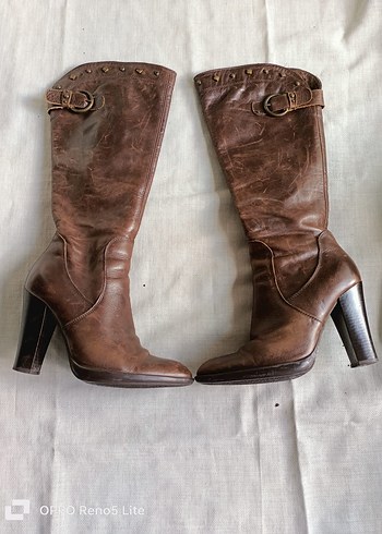 Network marka %100 gerçek deri Kahverengi Yüksek Topuklu Çizme - Görsel 6