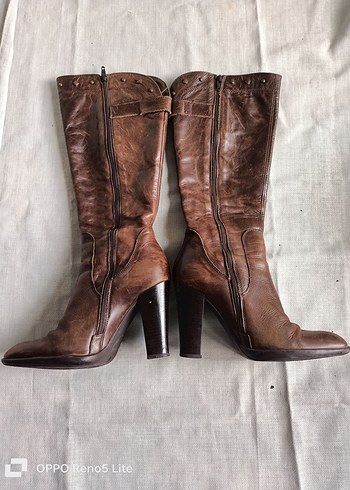 Network marka %100 gerçek deri Kahverengi Yüksek Topuklu Çizme - Görsel 4