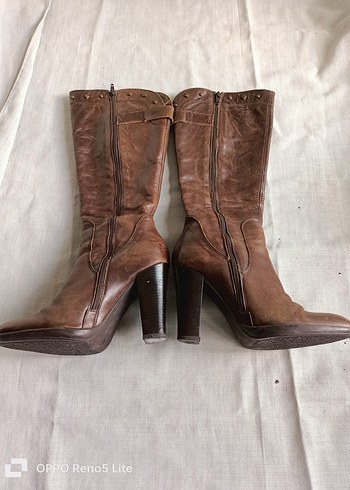 Network marka %100 gerçek deri Kahverengi Yüksek Topuklu Çizme - Görsel 5