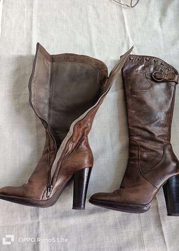 Network marka %100 gerçek deri Kahverengi Yüksek Topuklu Çizme - Görsel 15