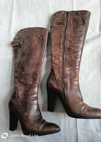 Network marka %100 gerçek deri Kahverengi Yüksek Topuklu Çizme - Görsel 7