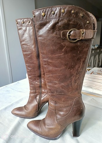 Network marka %100 gerçek deri Kahverengi Yüksek Topuklu Çizme - Görsel 2