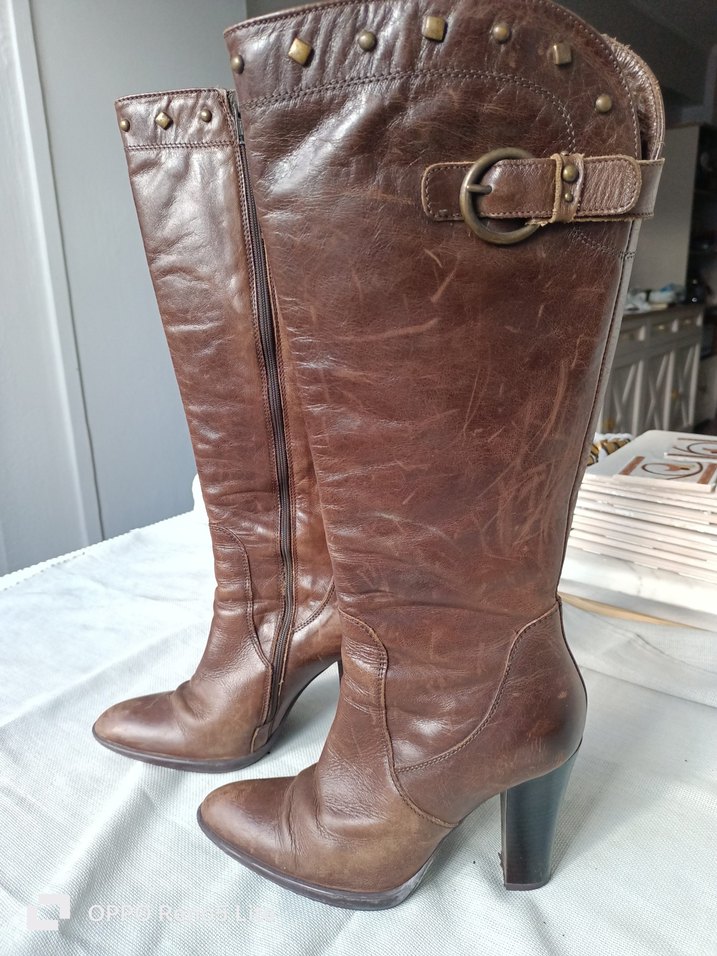 Network marka %100 gerçek deri Kahverengi Yüksek Topuklu Çizme - Görsel 3