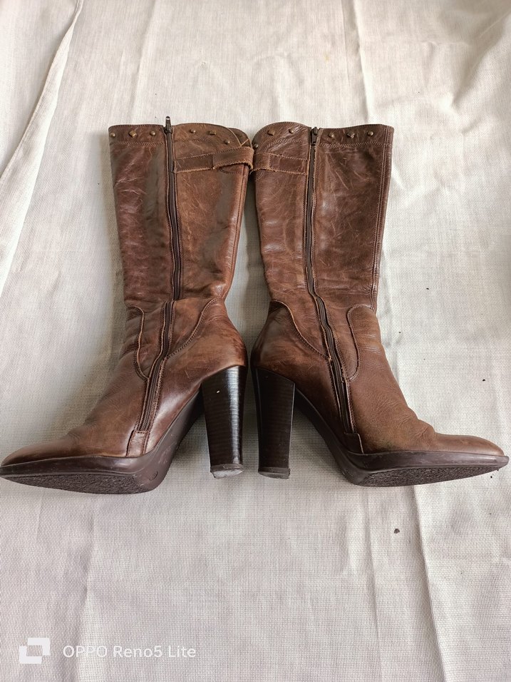 Network marka %100 gerçek deri Kahverengi Yüksek Topuklu Çizme - Görsel 5