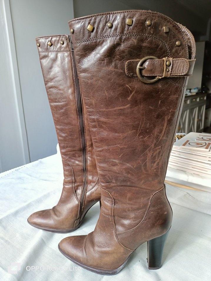 Network marka %100 gerçek deri Kahverengi Yüksek Topuklu Çizme - Görsel 2