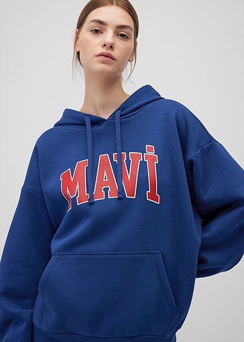 Mavi Kapüşonlu Kadın Sweatshirt