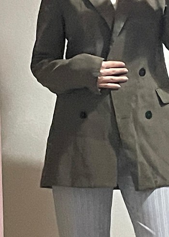 Bej Keten Midi Kadın Blazer Ceket - Görsel 3