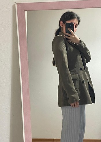 Bej Keten Midi Kadın Blazer Ceket - Görsel 2