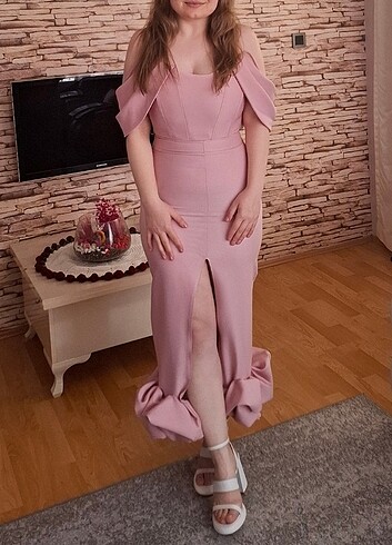 m Beden pembe Renk Pudra Krep Kolsuz Uzun Elbise/ Keikei