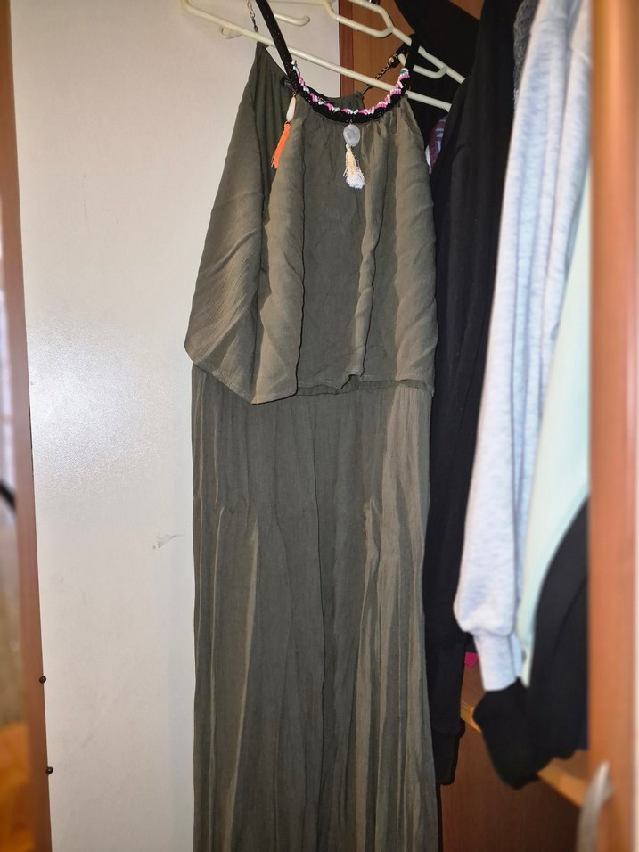 haki  Keten Salaş Uzun Elbise - Görsel 2