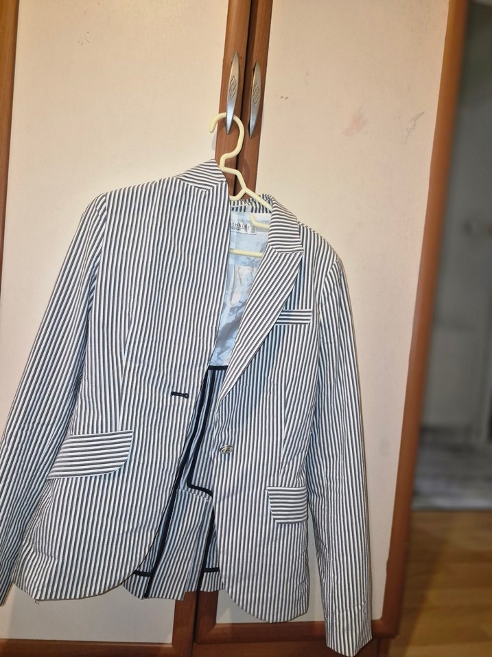 Düğmeli Gri Çizgili Kadın Blazer - Görsel 2