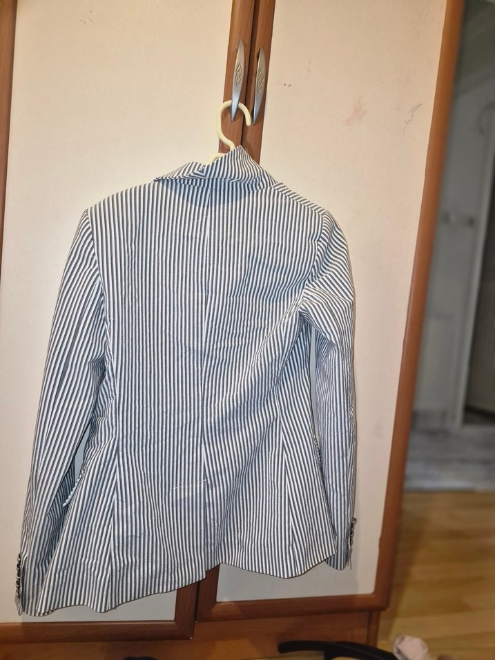 Düğmeli Gri Çizgili Kadın Blazer - Görsel 3