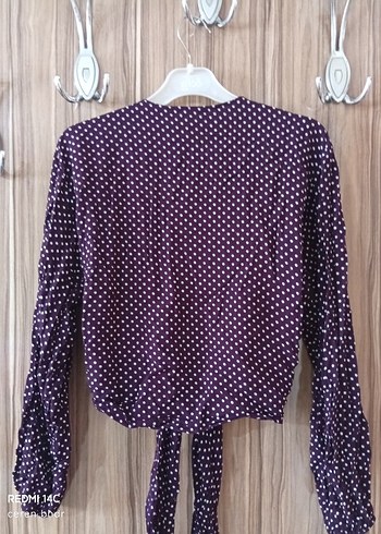Uzun Kollu Mor Puantiyeli Bağlamalı Bluz - Görsel 3