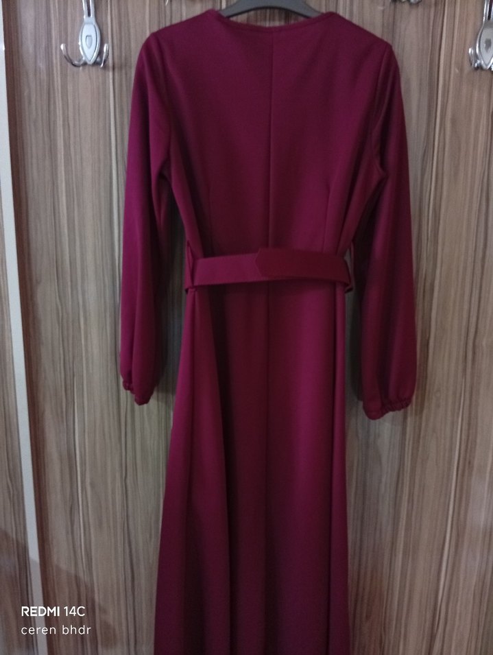Kemerli Bordo Uzun Kollu Kadın Elbise - Görsel 2