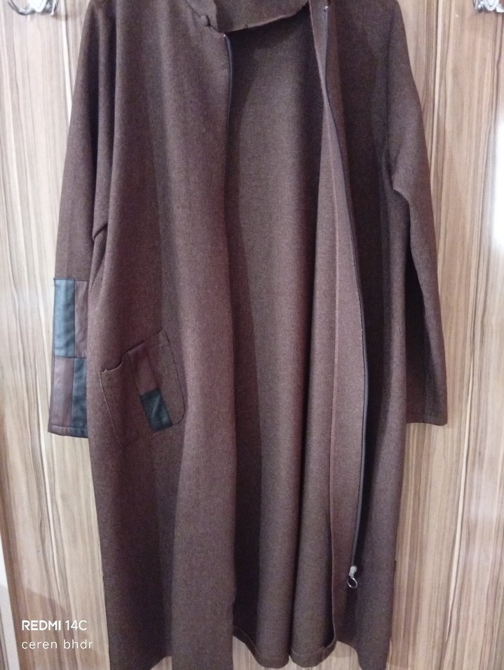 Drapeli Kahverengi Kadın Uzun Kaban - Görsel 2