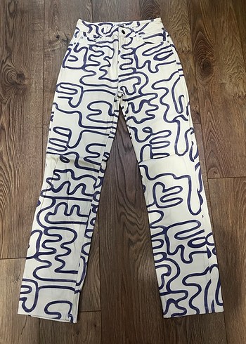 Kadın Baskılı Mavi Denim Pantolon