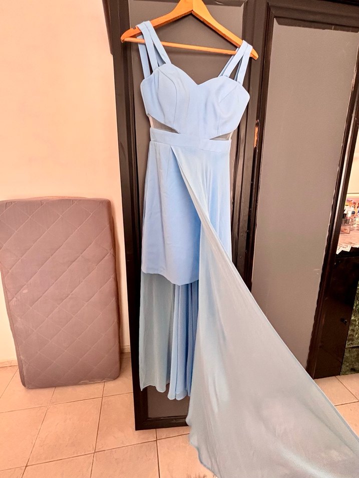 Mavi Uzun V-Yaka Drapeli Kadın Abiye - Görsel 2