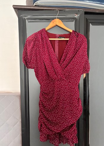 Bordo Puantiyeli V Yaka Midi Elbise - Görsel 2