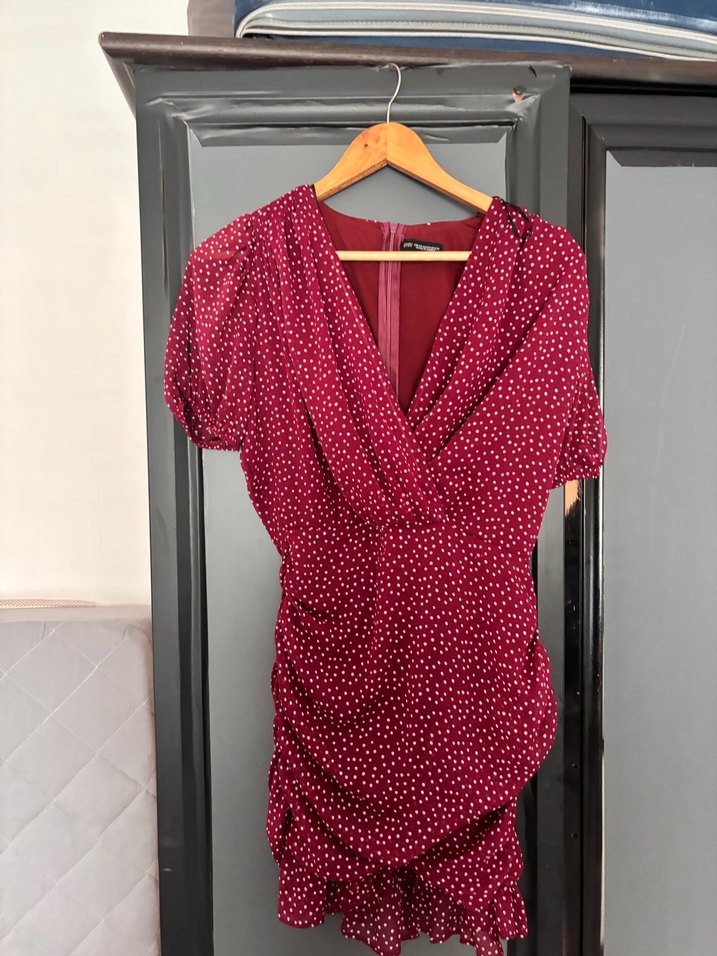 Bordo Puantiyeli V Yaka Midi Elbise - Görsel 2