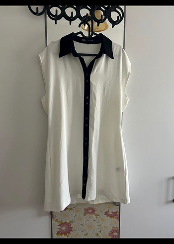 Zara L Düğmeli Siyah Yakalı Beyaz Kadın Gömlek Elbise - Görsel 2