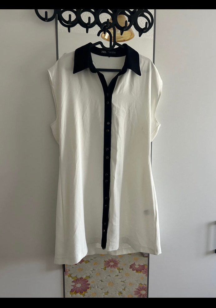 Zara L Düğmeli Siyah Yakalı Beyaz Kadın Gömlek Elbise - Görsel 2