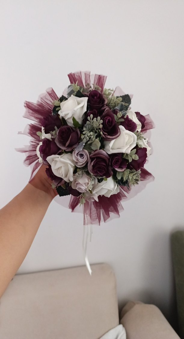 Bordo Dantel Detaylı Gelin Buketi - Görsel 4