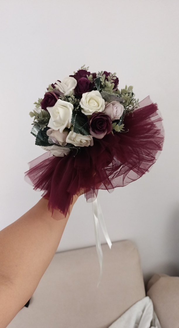 Bordo Dantel Detaylı Gelin Buketi - Görsel 3