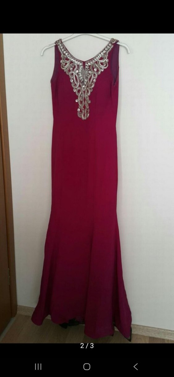 Fuşya Nakışlı Uzun Abiye Elbise - Görsel 2