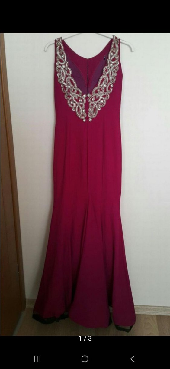 Fuşya Nakışlı Uzun Abiye Elbise - Görsel 3