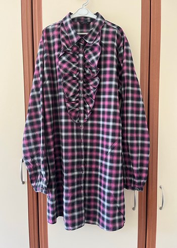 Pembe Kareli Fırfırlı Uzun Kollu Gömlek - Görsel 2