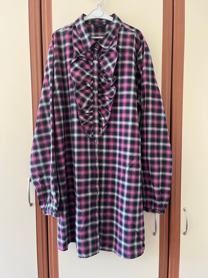 Pembe Kareli Fırfırlı Uzun Kollu Gömlek - Görsel 2