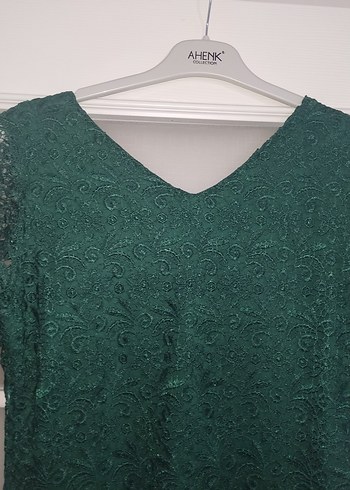 Büyük Beden Yeşil Dantel Midi V Yaka Klasik Astarlı Elbise - Görsel 4