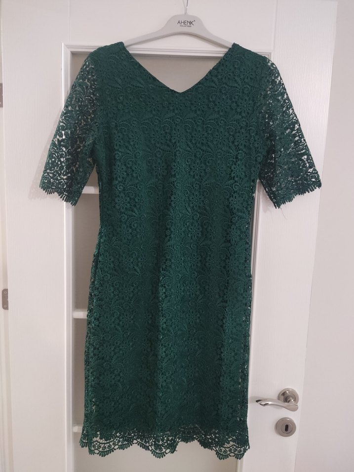 Büyük Beden Yeşil Dantel Midi V Yaka Klasik Astarlı Elbise - Görsel 3