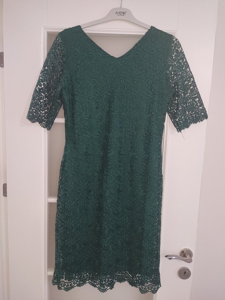 Büyük Beden Yeşil Dantel Midi V Yaka Klasik Astarlı Elbise - Görsel 2