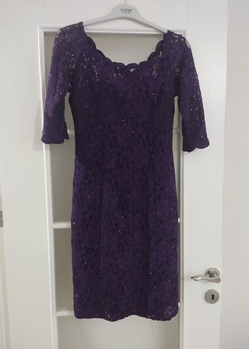 Büyük Beden Mor Simli Dantelli Midi Abiye Astarlı Elbise - Görsel 2