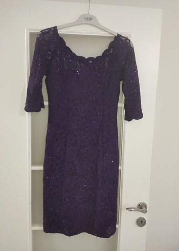 Büyük Beden Mor Simli Dantelli Midi Abiye Astarlı Elbise - Görsel 4