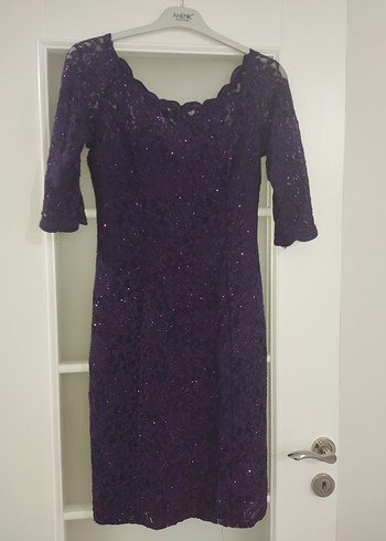 Büyük Beden Mor Simli Dantelli Midi Abiye Astarlı Elbise - Görsel 3