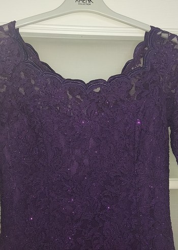 Büyük Beden Mor Simli Dantelli Midi Abiye Astarlı Elbise - Görsel 6