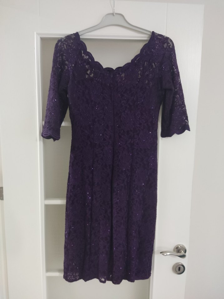 Büyük Beden Mor Simli Dantelli Midi Abiye Astarlı Elbise - Görsel 5