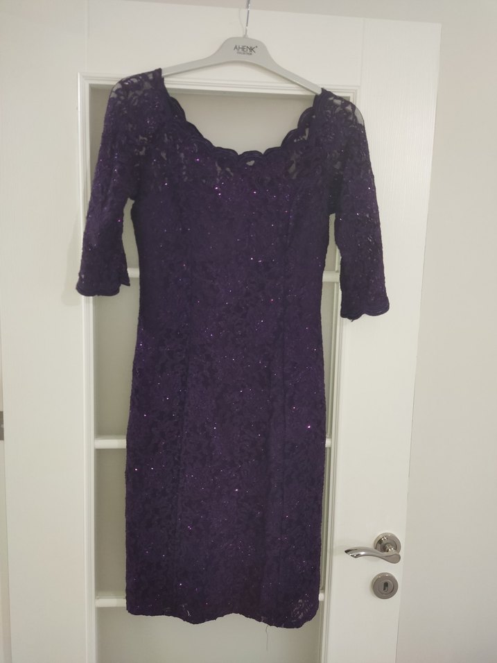 Büyük Beden Mor Simli Dantelli Midi Abiye Astarlı Elbise - Görsel 4