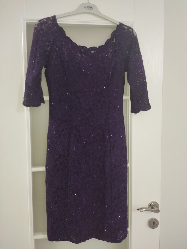 Büyük Beden Mor Simli Dantelli Midi Abiye Astarlı Elbise - Görsel 3